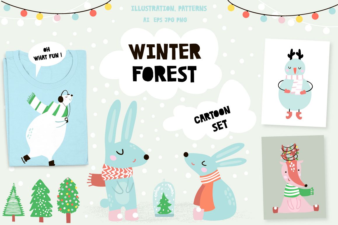 Winter forest cartoon set example image 1