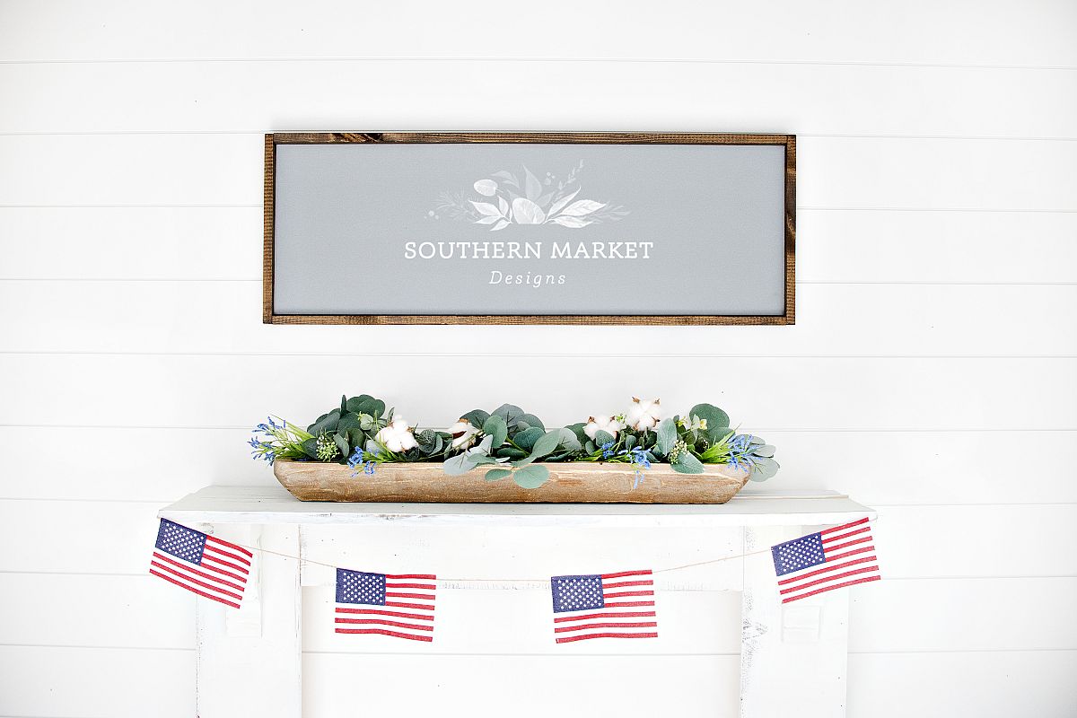 Patriotic Summer Wood 12x36 Sign Mock Up Stock Photo example image 1