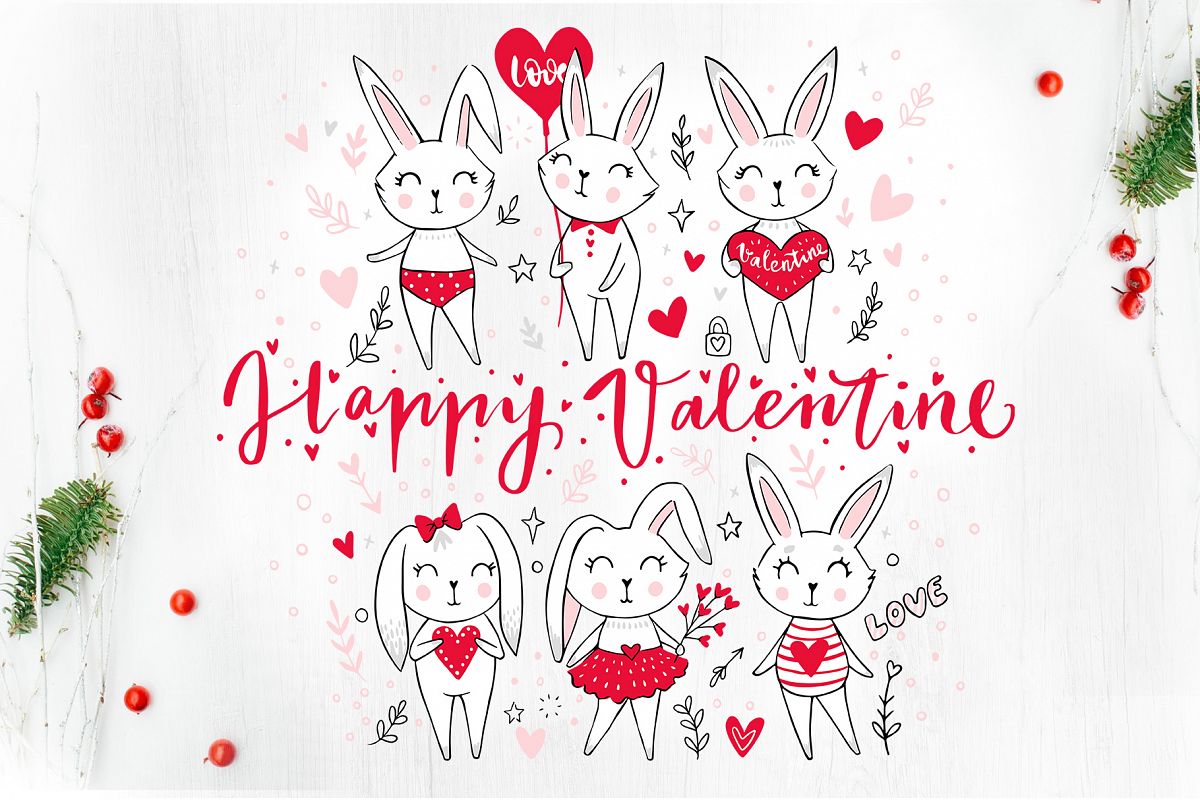 Happy Valentine's Day. Cute bunnies example image 1