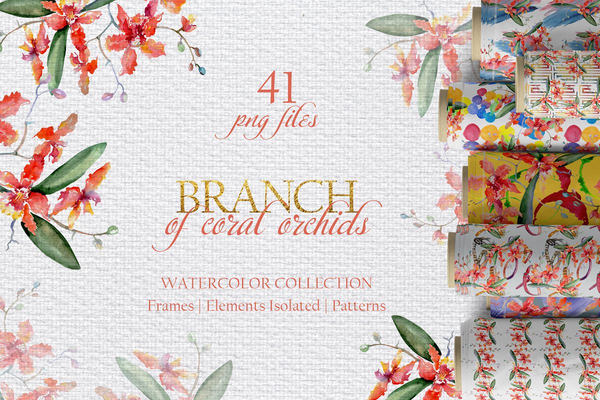 Branch of coral orchids Watercolor png example image 1