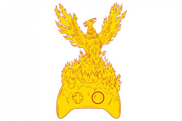 Phoenix Rising Fiery Flames Over Game Controller Drawing example image 1