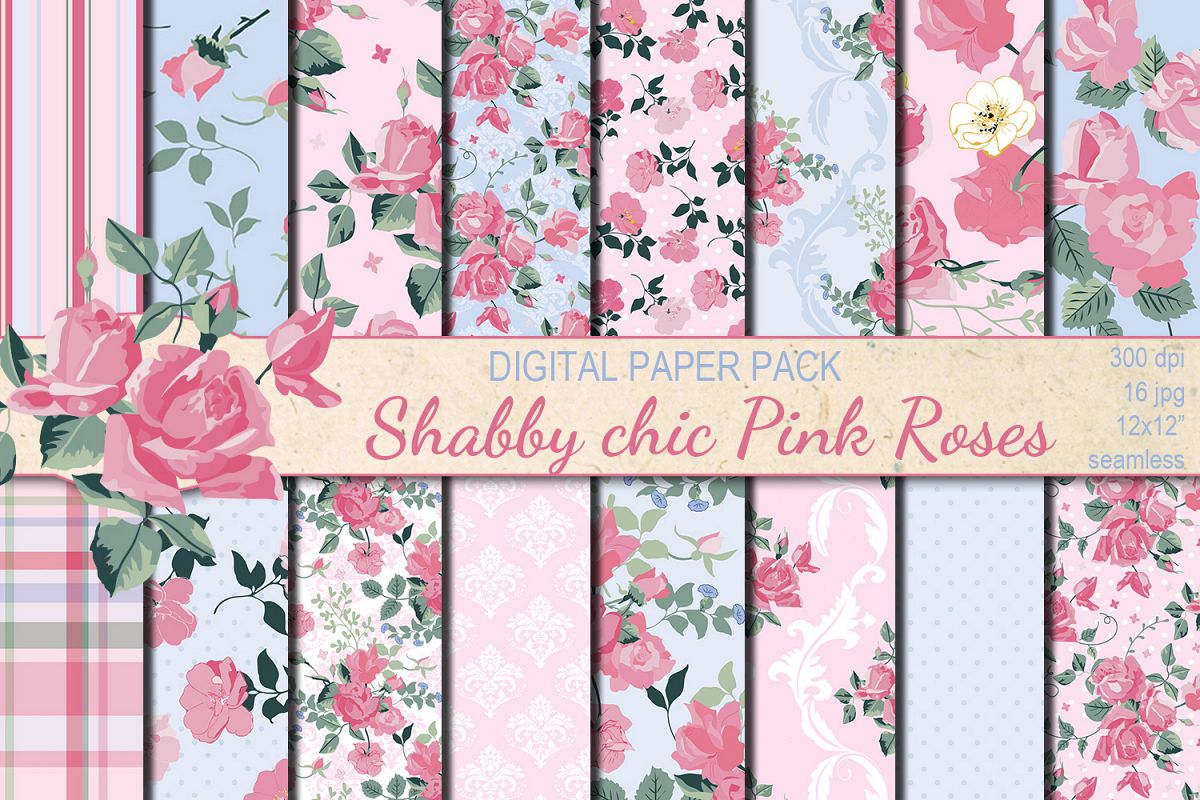 Shabby chic pink roses seamless digital paper pack example image 1