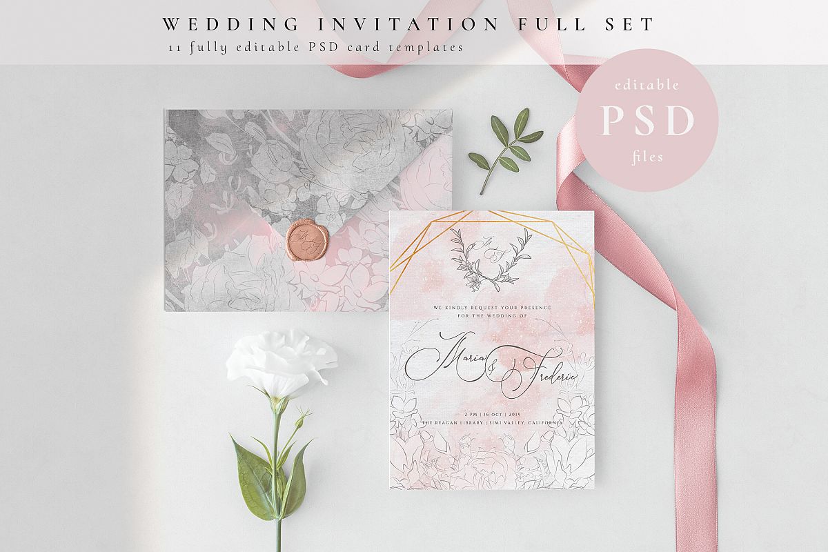 Wedding Invitation Full Set. PSD example image 1