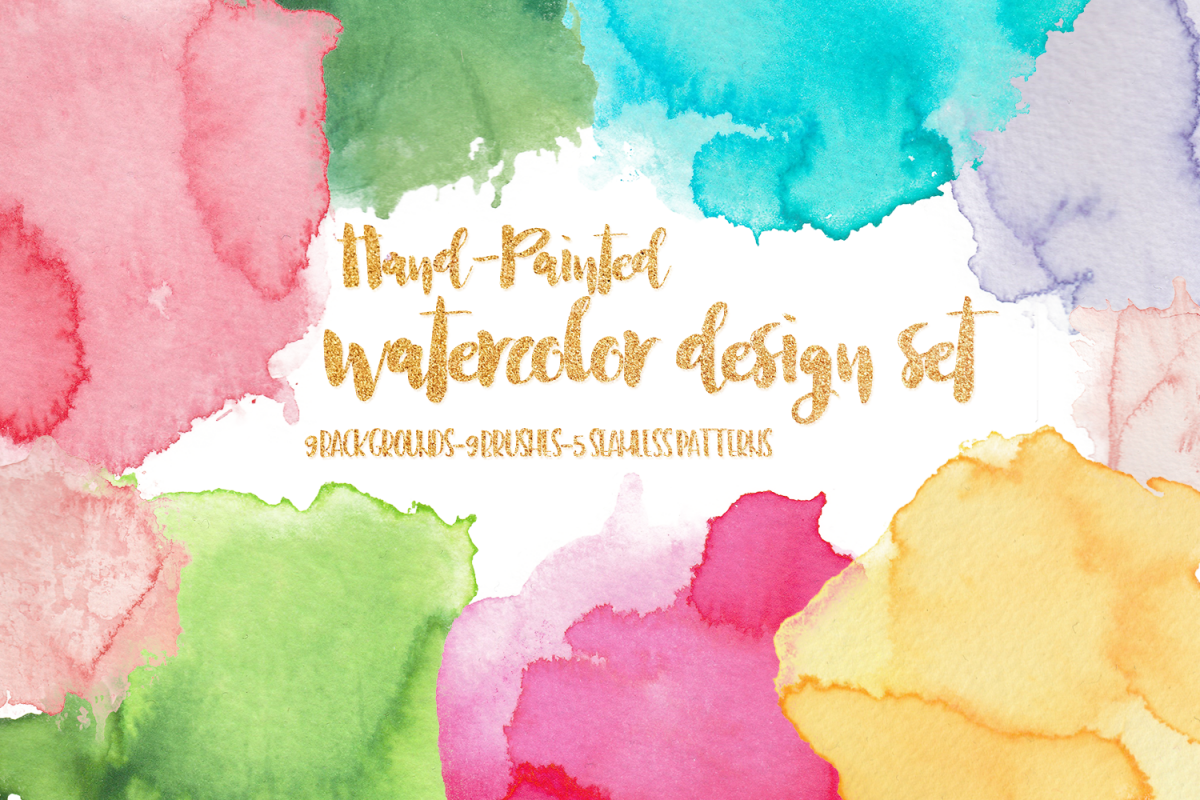 Watercolor Design Set - Backgrounds, Brushes & Patterns example image 1