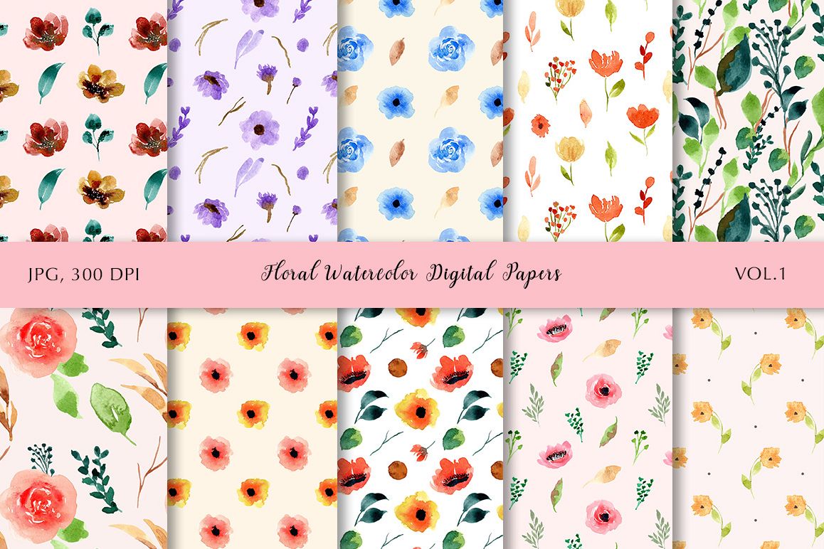 Floral Watercolor Digital Papers Vol.1 example image 1