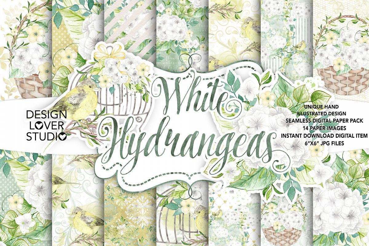 Watercolor White Hydrangea digital paper pack example image 1
