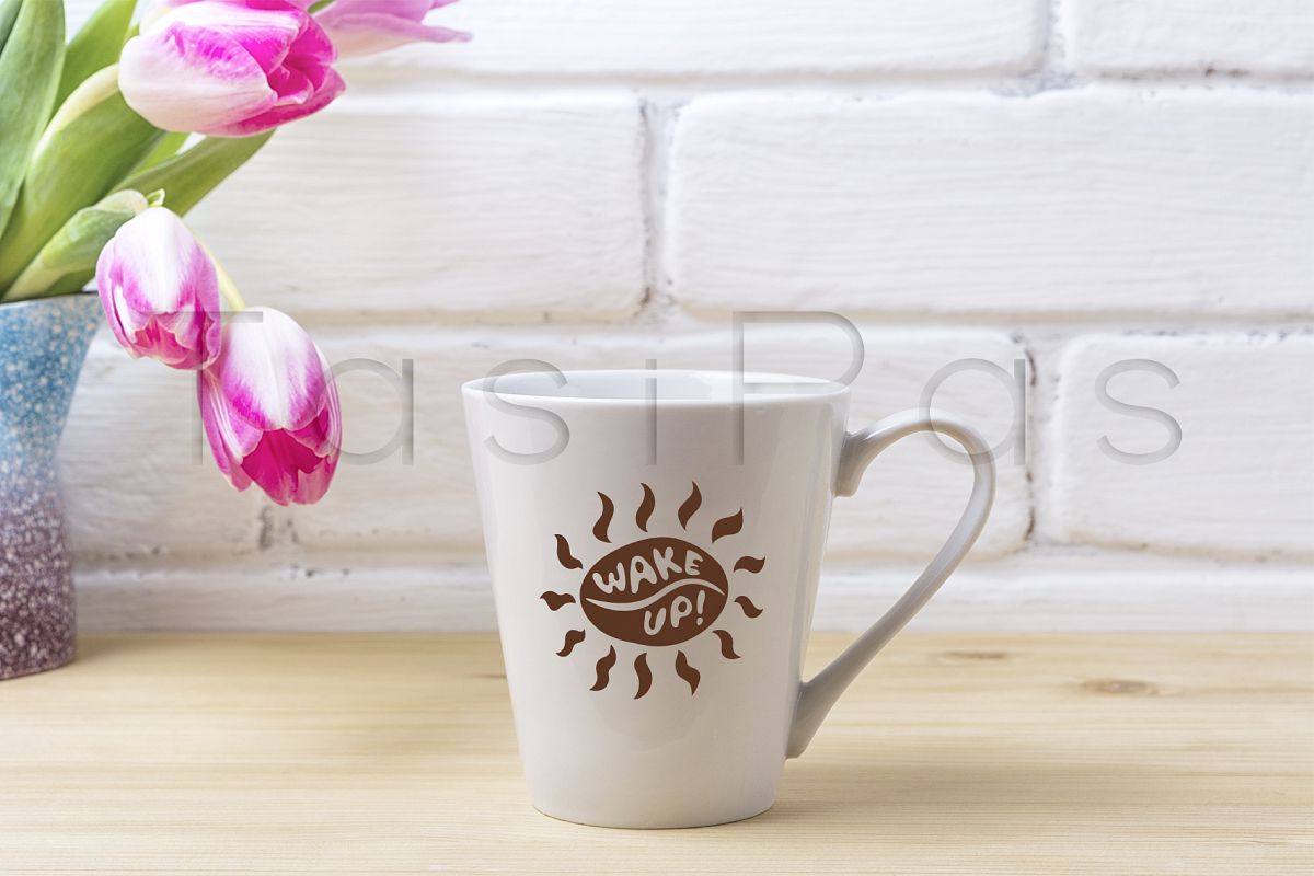 Download White latte mug mockup with magenta tulip