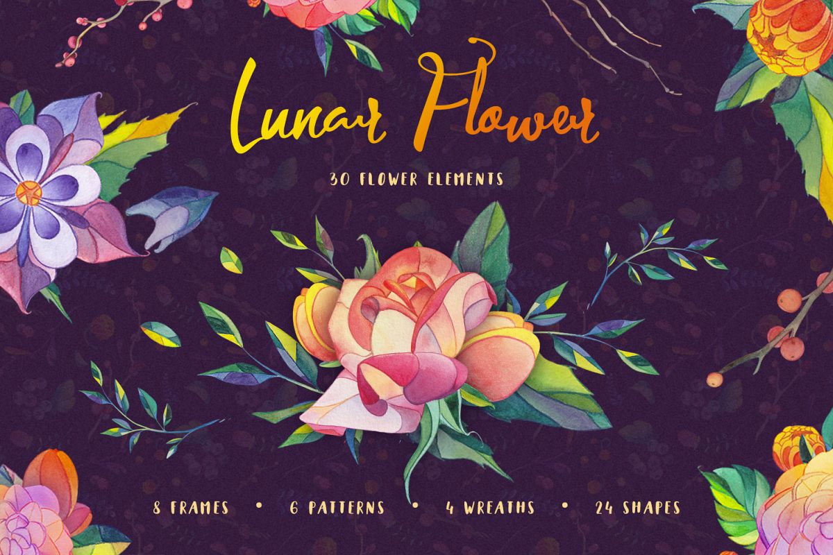 Lunar Flower Watercolor Graphic Kit example image 1