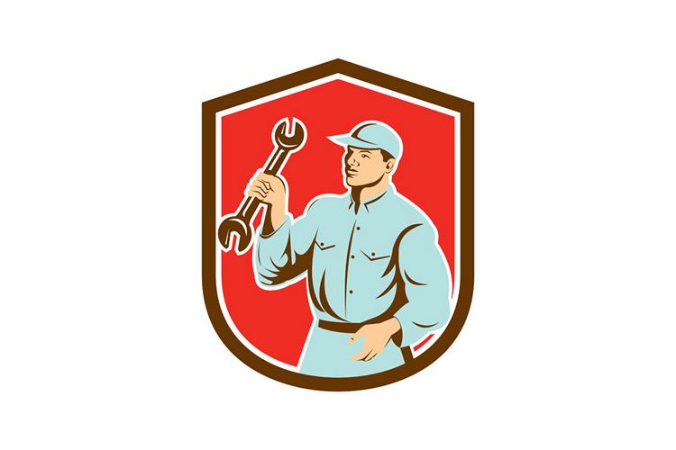 Mechanic Holding Spanner Wrench Shield Retro example image 1