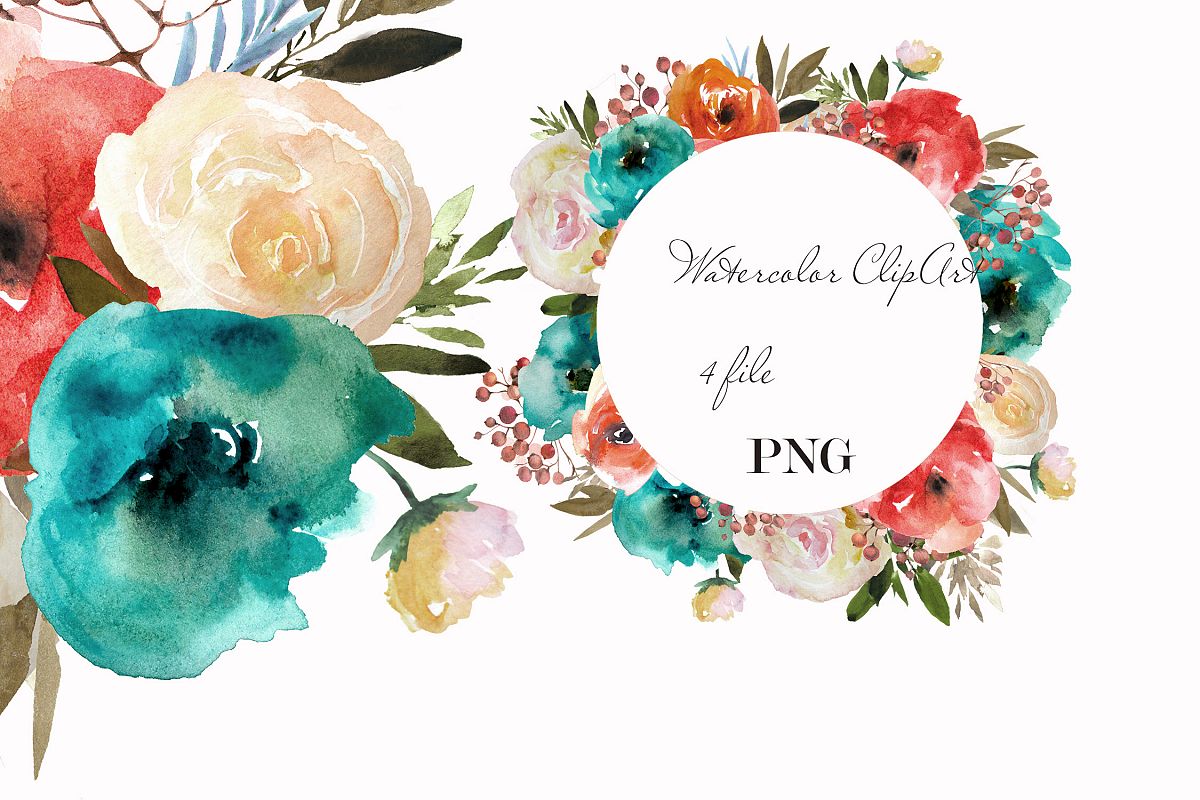Blue red flowers clipart Watercolor wreath example image 1
