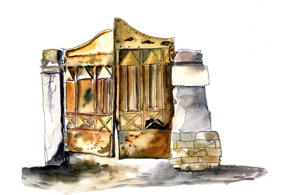 Watercolor sketch of the old, metal doors. example image 1