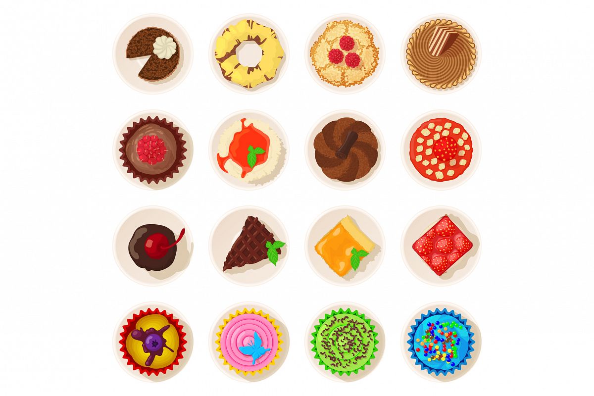 Dessert top view detailed icons set, cartoon style example image 1