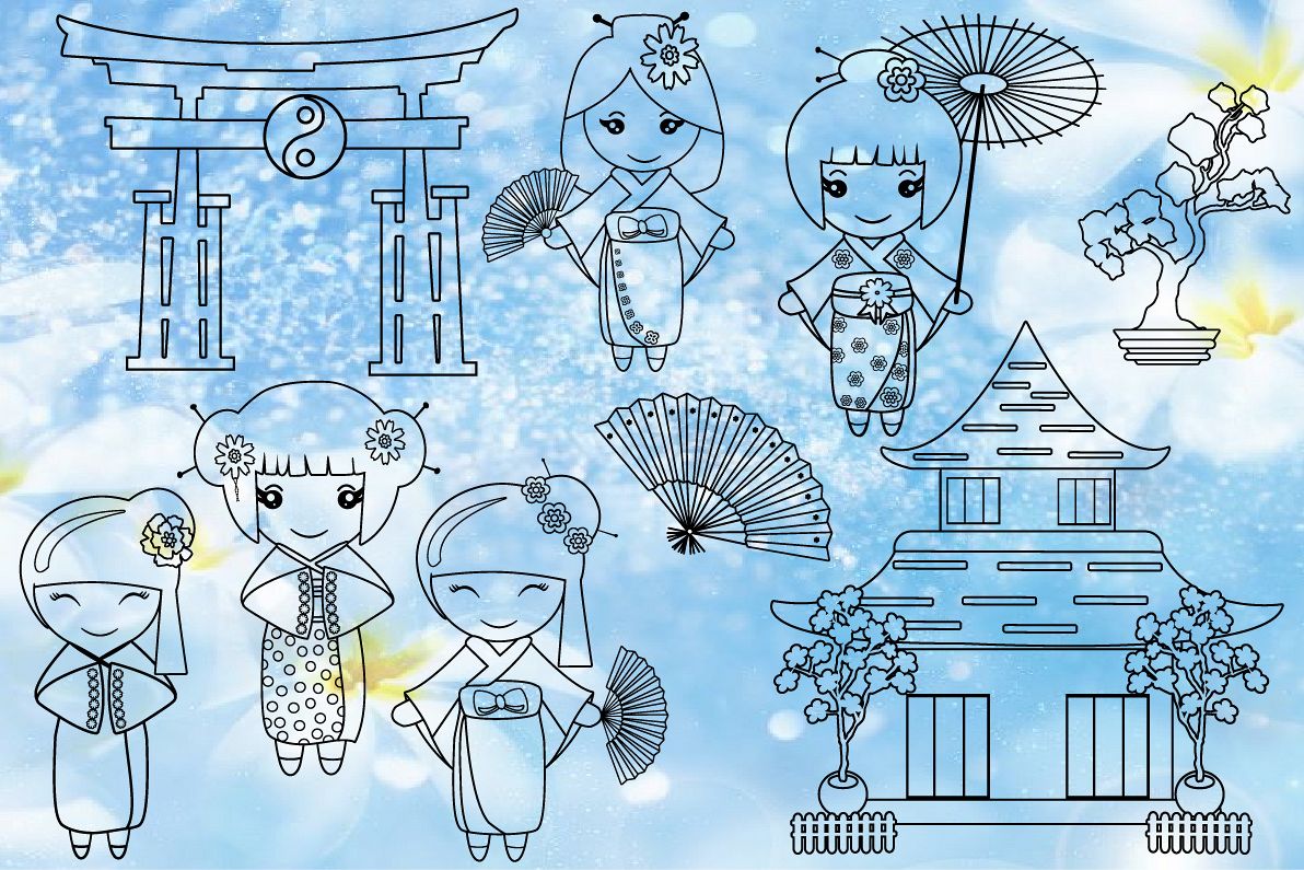 Black White Outline Kokeshi Japanese Color Book SVG1274S example image 1