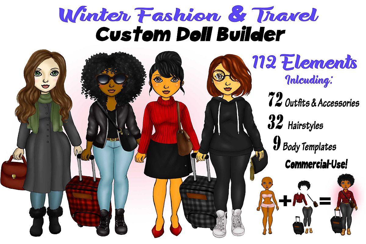 Winter Fashion &Travel Clipart DIY Customizable Paper Dolls example image 1
