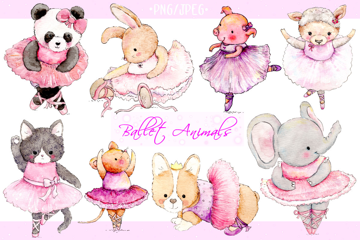Watercolor Ballet Animals | 8 Clip Art Illustrations-PNG/JPG example image 1