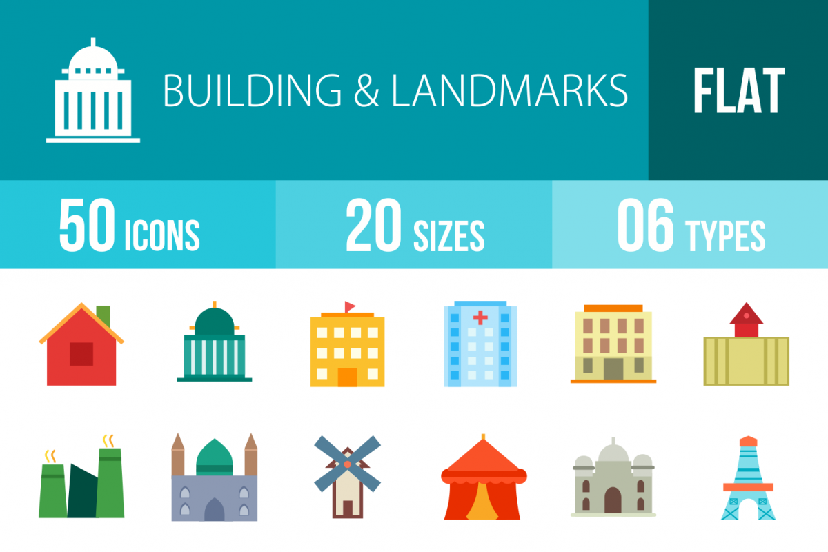 50 Buildings & Landmarks Flat Multicolor Icons example image 1