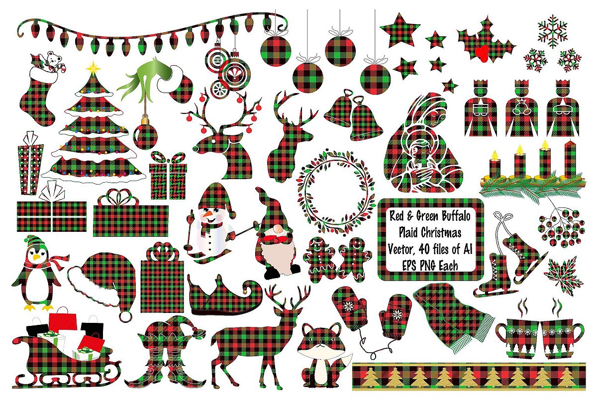 Christmas Buffalo Plaid Elements Deer AI EPS Vecor & PNG example image 1