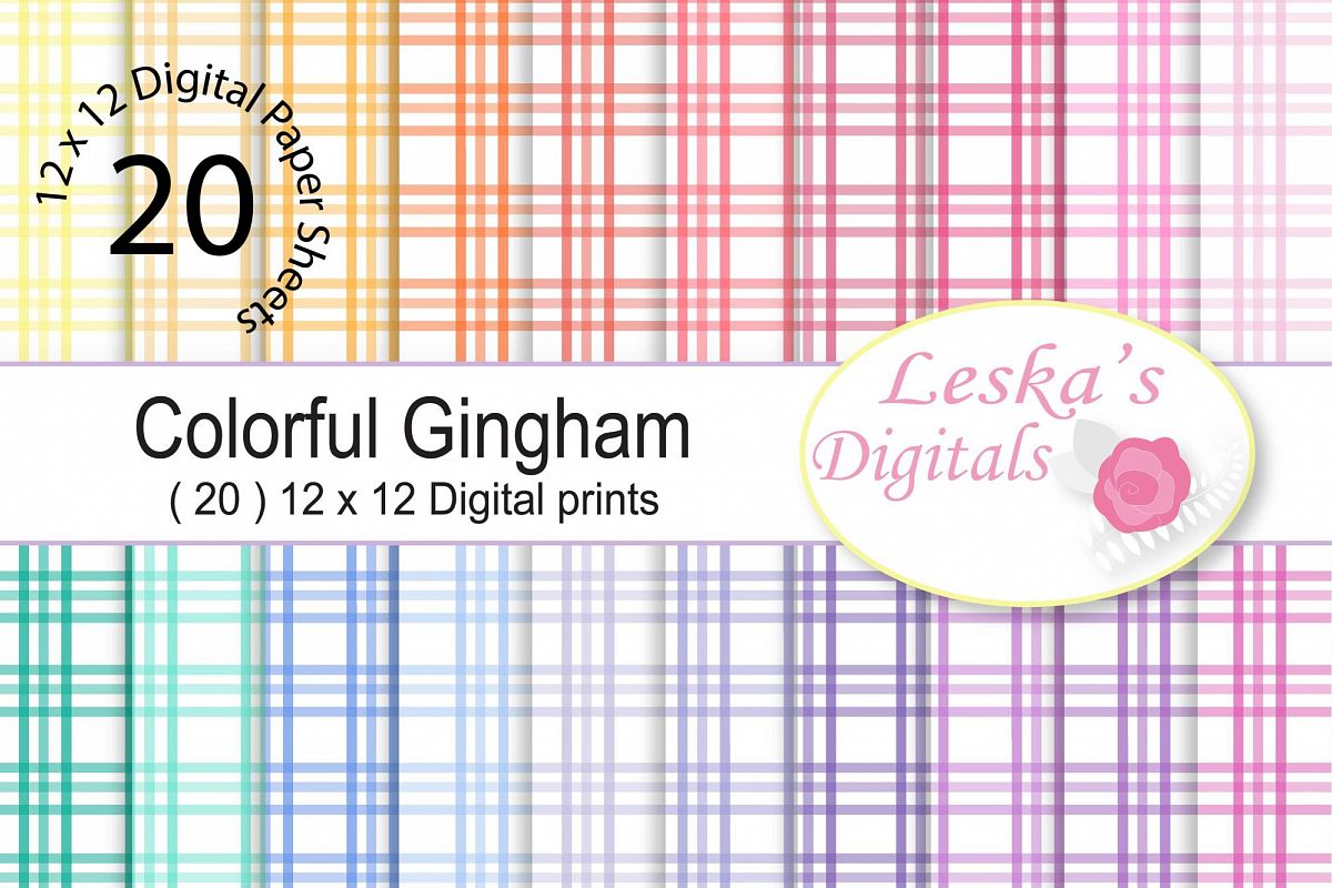 Gingham Digital Paper Pack - Rainbow colors example image 1
