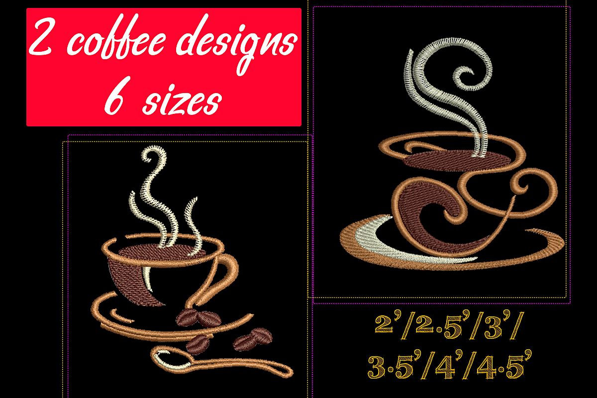 Coffee set - machine embroidery designs. 2 designs, 6 sizes example image 1
