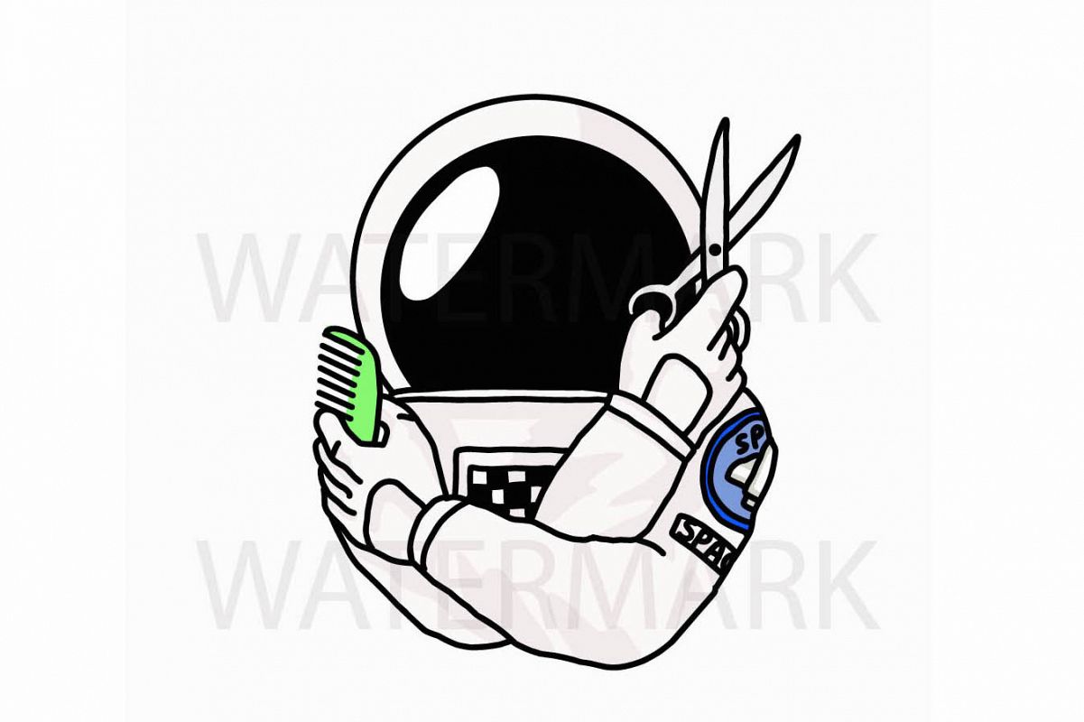 Astronaut Barber - 2 version color and outline- SVG/JPG/PNG Hand Drawing example image 1