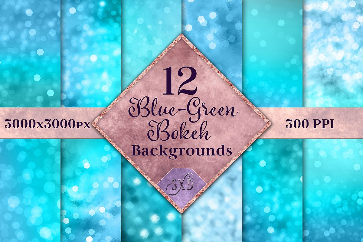 Blue-Green Bokeh Backgrounds - 12 Image Textures Set example image 1