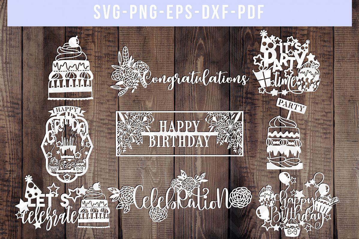 Bundle Of 9 Birthday Papercut Templates, SVG Cut Files, PDF example image 1