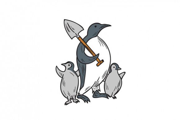 Penguin Holding Shovel With Chicks Drawing example image 1