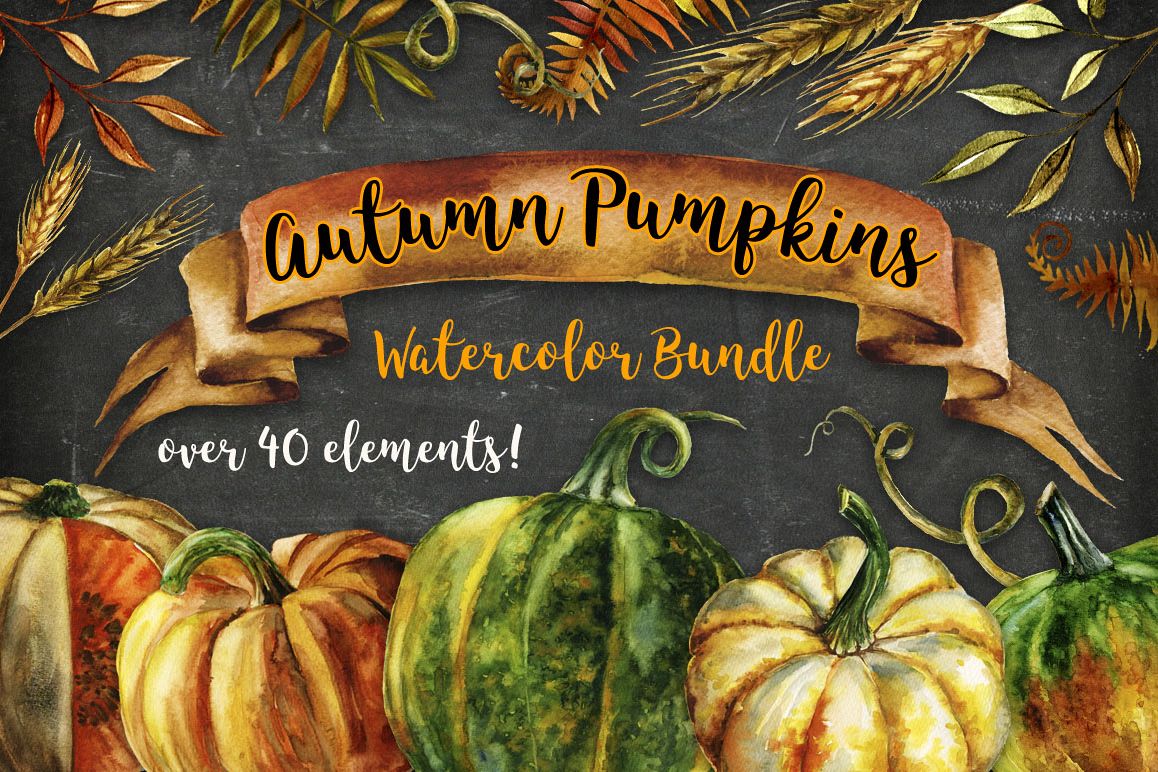 Autumn Pumpkins Watercolor Bundle example image 1