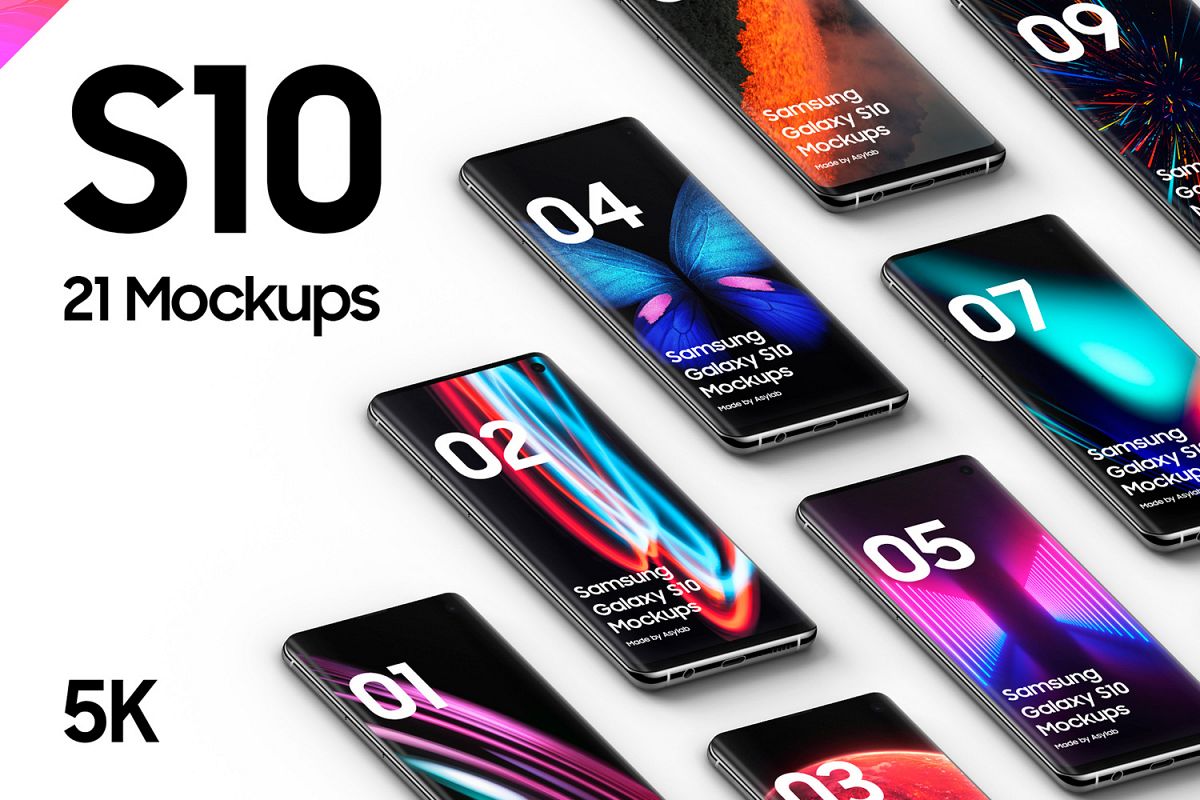 Samsung Galaxy S10 - 21 Mockups - 5K - PSD example image 1
