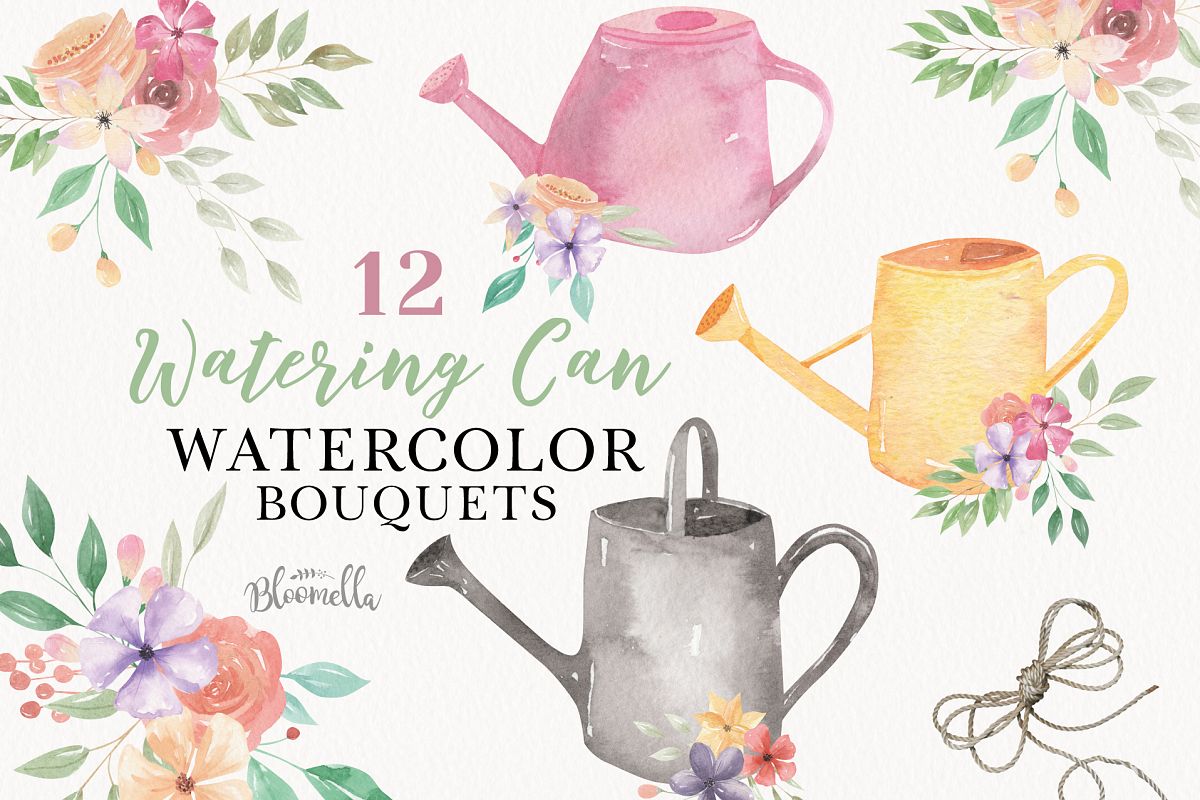Watering Can Watercolor Floral Spring 12 Bouquets Spring example image 1