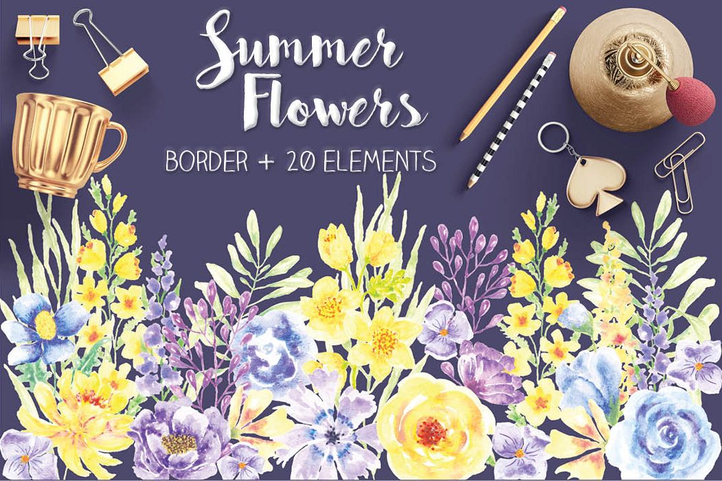 'Summer Flowers': border plus watercolor elements example image 1