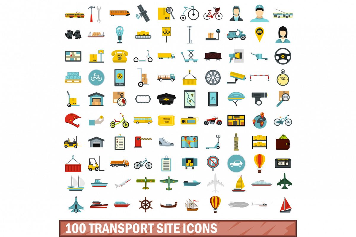 100 transport site icons set, flat style example image 1