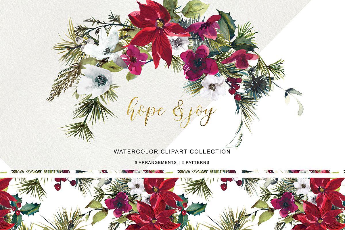 Watercolor Poinsettia Christmas Clipart example image 1