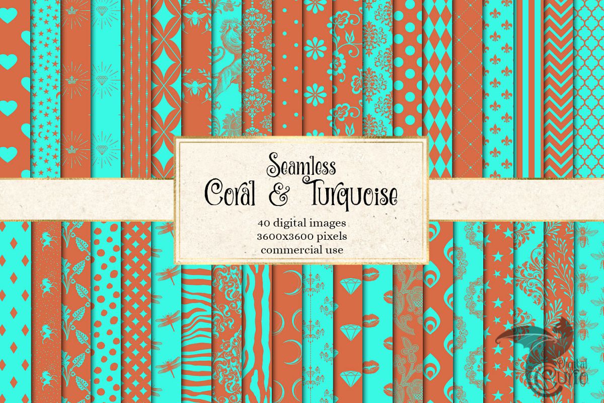 Coral and Turquoise Patterns Digital Paper example image 1