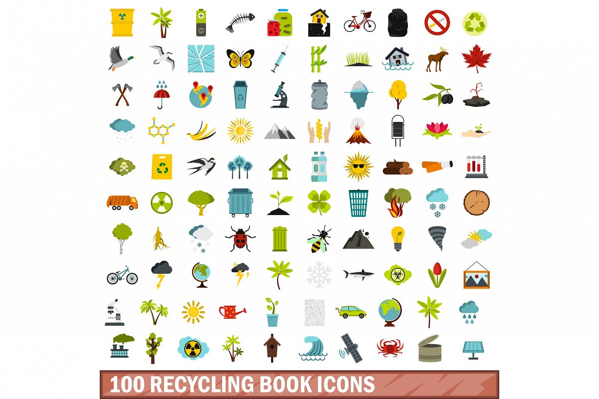 100 recycling book icons set, flat style example image 1
