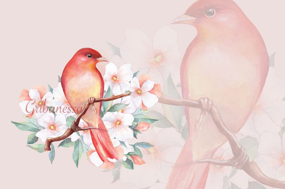 Red bird on branch example image 1