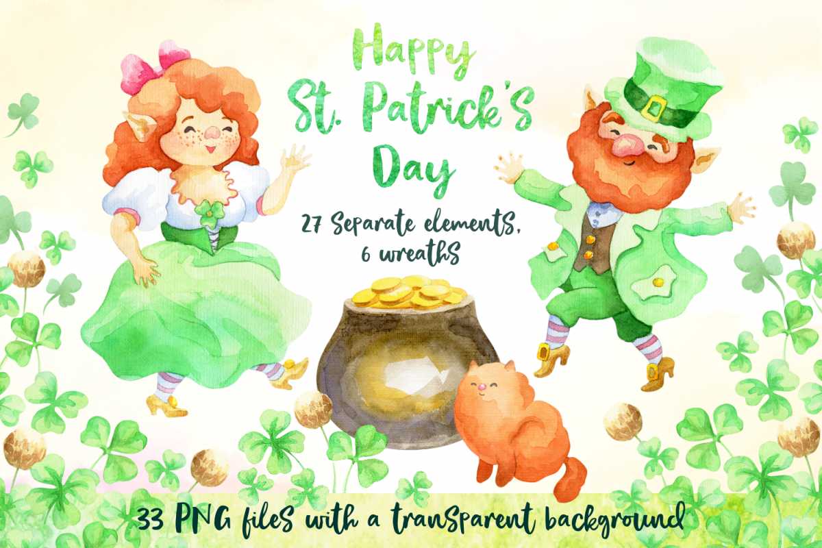 Leprechauns. Patrick's Day watercolor set example image 1