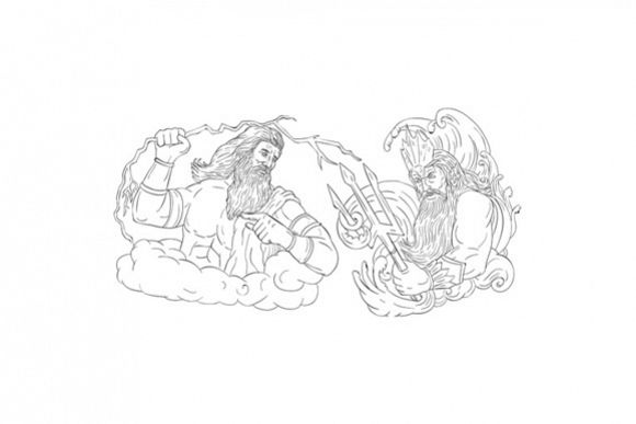 Zeus Vs Poseidon Black and White Drawing example image 1