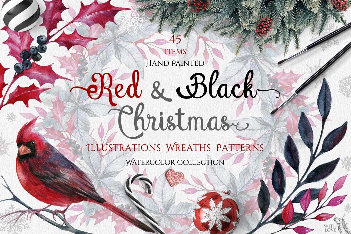 Watercolor Red & Black Christmas Set example image 1