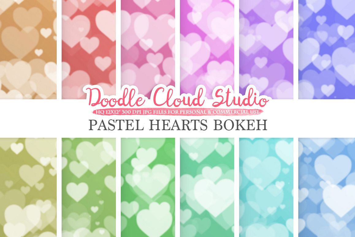 Pastel Hearts Bokeh digital paper, Pastel colors Bokeh Overlay, Heart Bokeh backgrounds, Instant Download, for Personal & Commercial Use example image 1