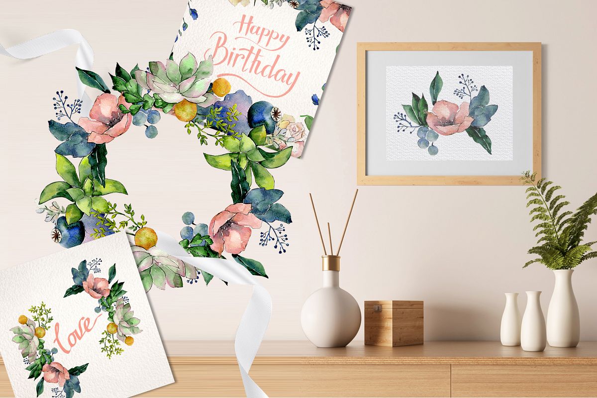 Bouquets with succulents Watercolor png example image 1