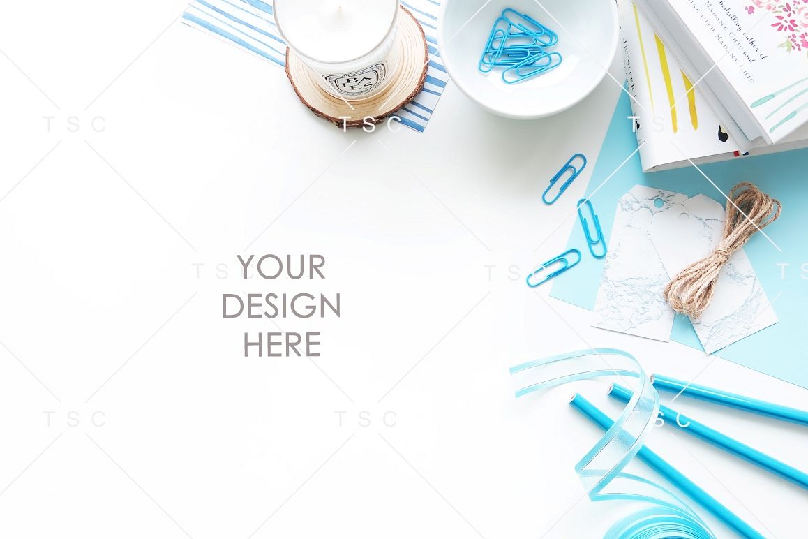 Blue-themed Office Desk Styled Stock Photo example image 1