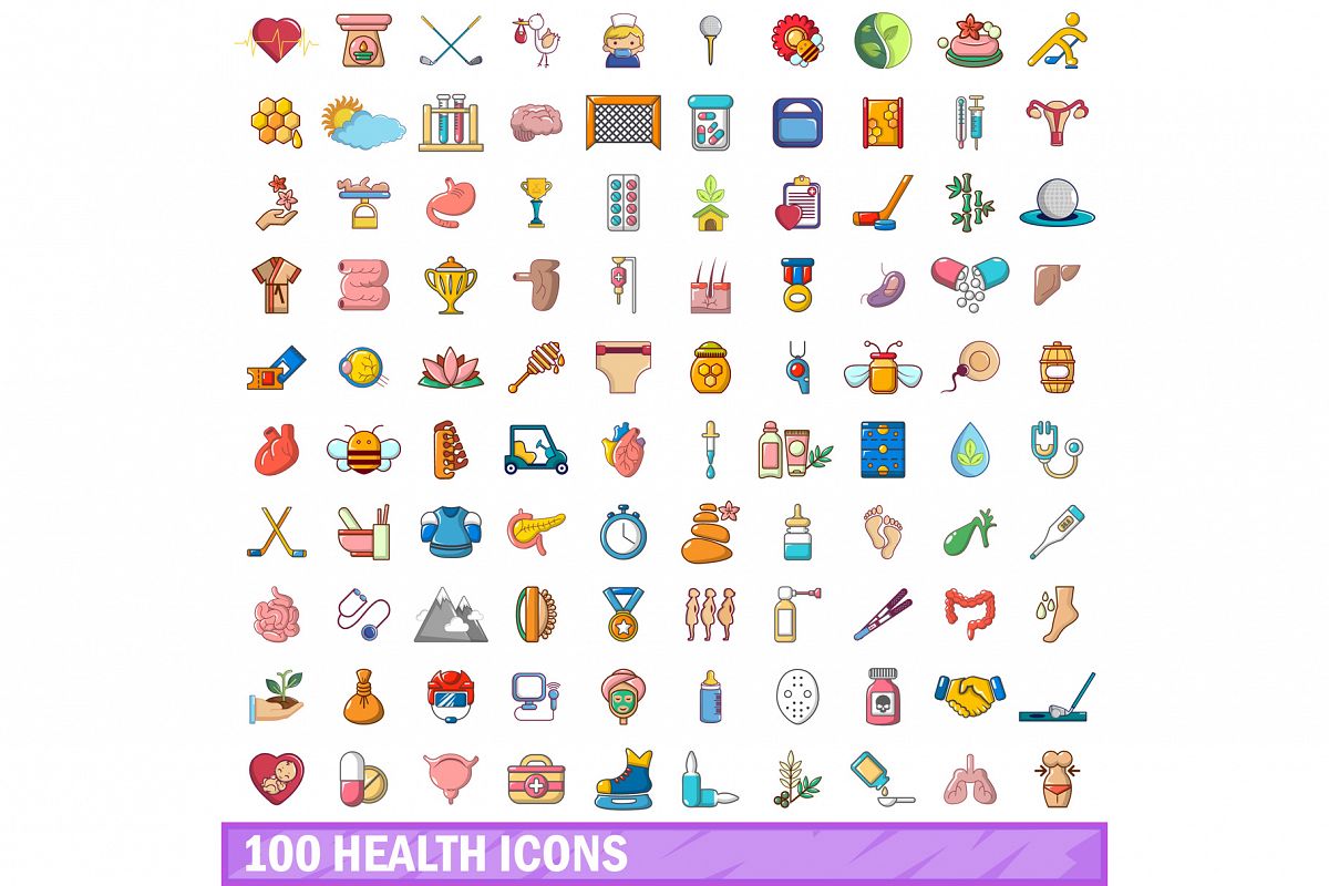 100 health icons set, cartoon style example image 1