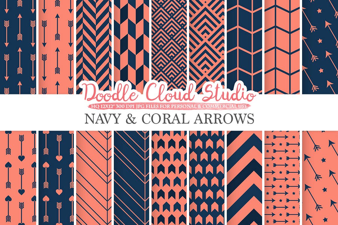 Navy and Coral Arrows digital paper, Arrow patterns, tribal, archery, chevron triangles Dark Blue backgrounds for Personal & Commercial Use example image 1