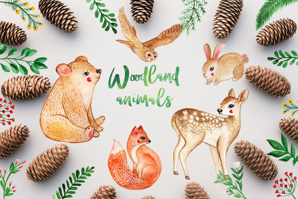 Watercolor Woodland Animals (48987) | Illustrations | Design Bundles