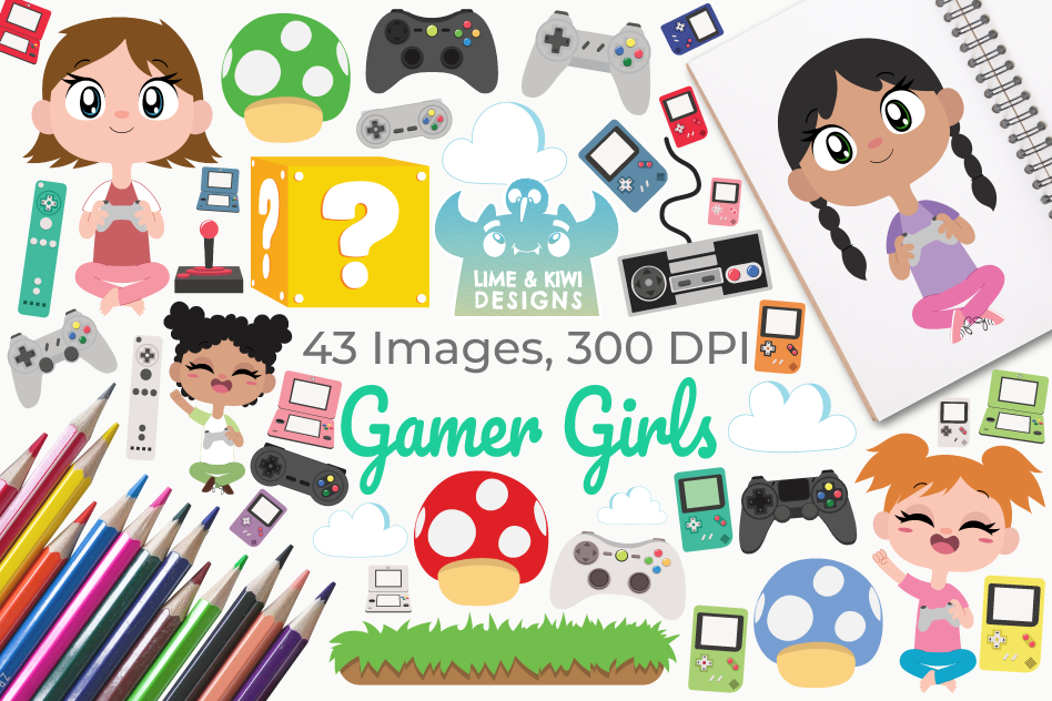 Gamer Girls Clipart, Instant Download Vector Art example image 1