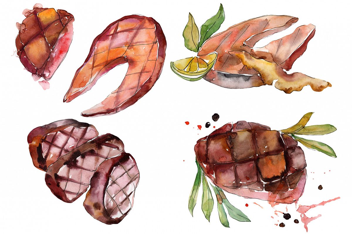 Salmon fish steaks PNG watercolor set example image 1