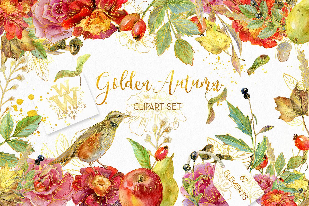 Golden Autumn clipart, Thanksgiving floral clip art example image 1
