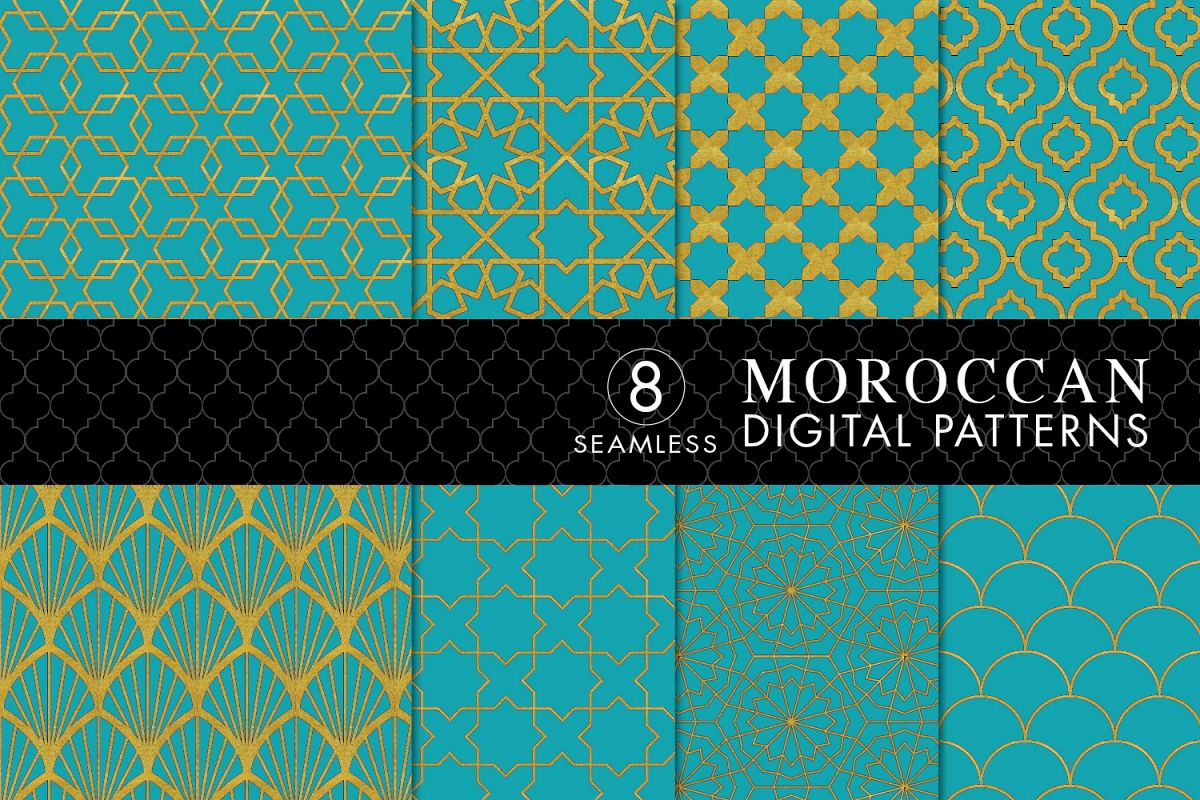 8 Seamless Moroccan Patterns - Gold & Turquoise example image 1