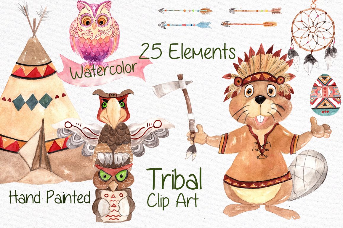Watercolor kids tribal clipart example image 1